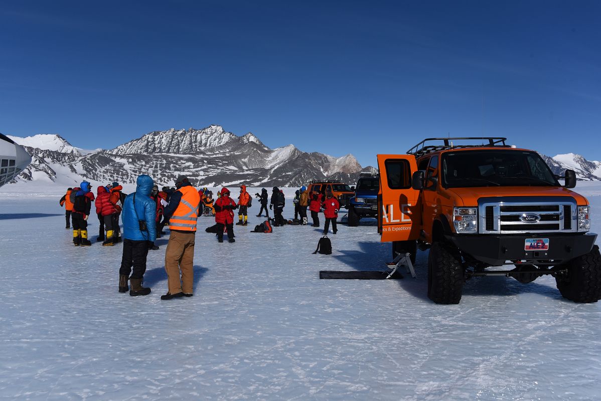 12A The ALE Vans Are Ready To Transport Us From The Union Glacier Runway To Glacier Camp With Mount Dolence Behind On The Way To Climb Mount Vinson In Antarctica